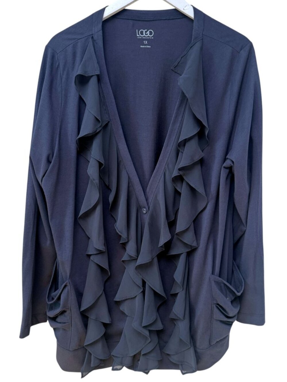 LOGO Lori Goldstein Chiffon Ruffle Cardigan Tee Plus Size 1X Blue Womens Top